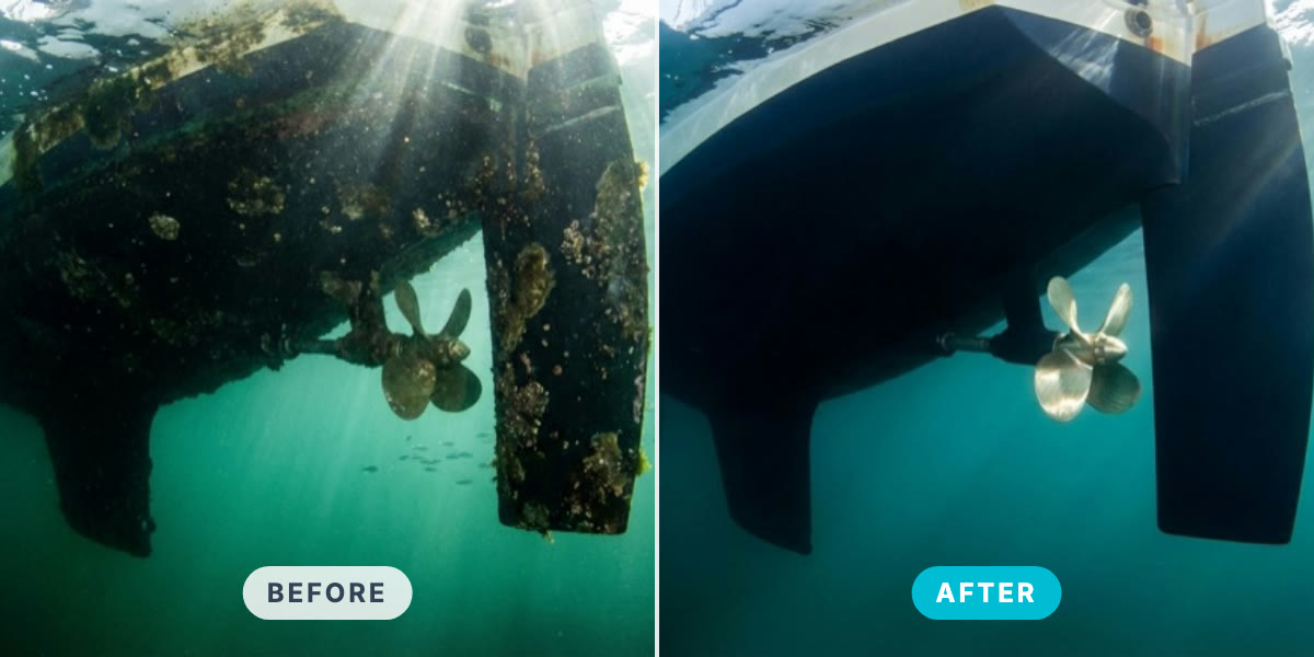 A propeller and hull before and after cleaning
